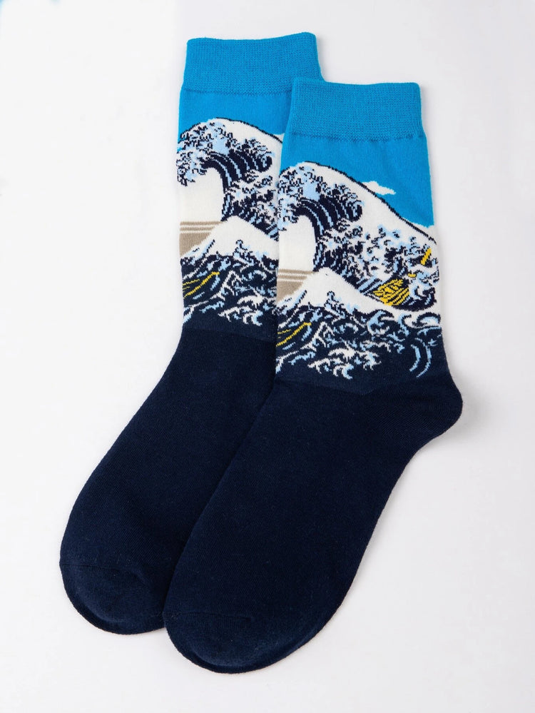 Artistic Wave & Bird Socks Combo! Unisex Socks, 100% Combed Cotton, Crew Length, Pack of 2