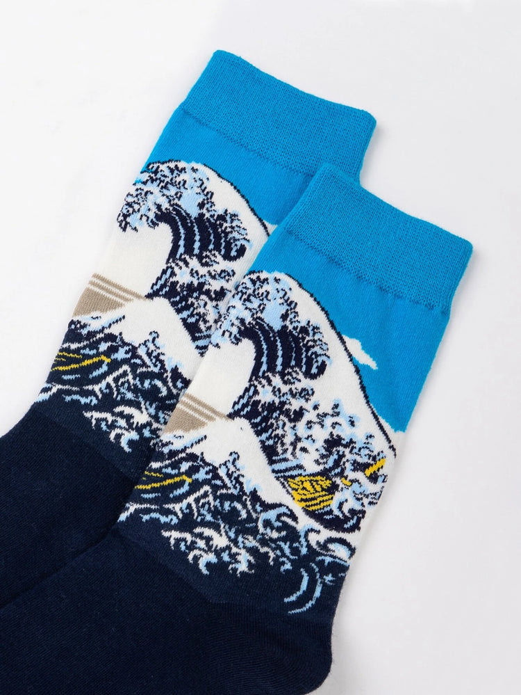 Artistic Wave & Bird Socks Combo! Unisex Socks, 100% Combed Cotton, Crew Length, Pack of 2