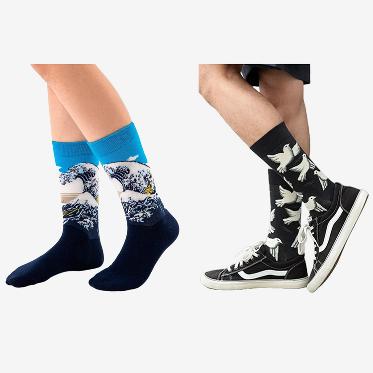 Artistic Wave & Bird Socks Combo! Unisex Socks, 100% Combed Cotton, Crew Length, Pack of 2