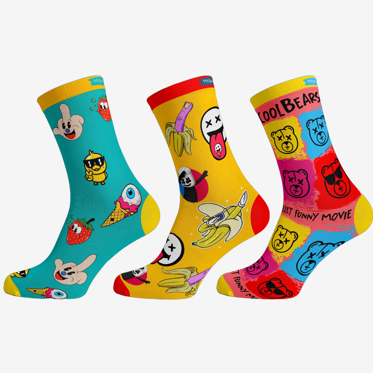 The Fun emoji Trio! Unisex Socks, 100% Combed Cotton, Crew Length, Pack of 3