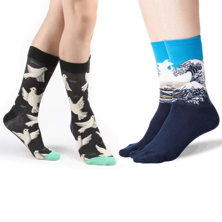 Artistic Wave & Bird Socks Combo! Unisex Socks, 100% Combed Cotton, Crew Length, Pack of 2